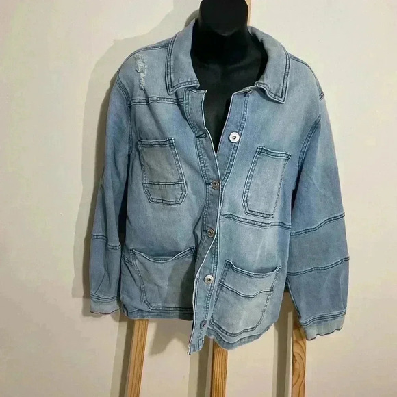 Style & Co Size Large Blue Denim Coat Jacket Women’s Patchwork design 99%cotton - Picture 2 of 9